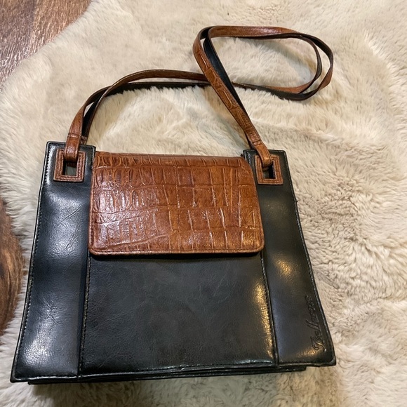 Vintage Bellerose Brown Croc Black Shoulder‎ Bag Purse Wallet Attached Leather - Picture 2 of 15